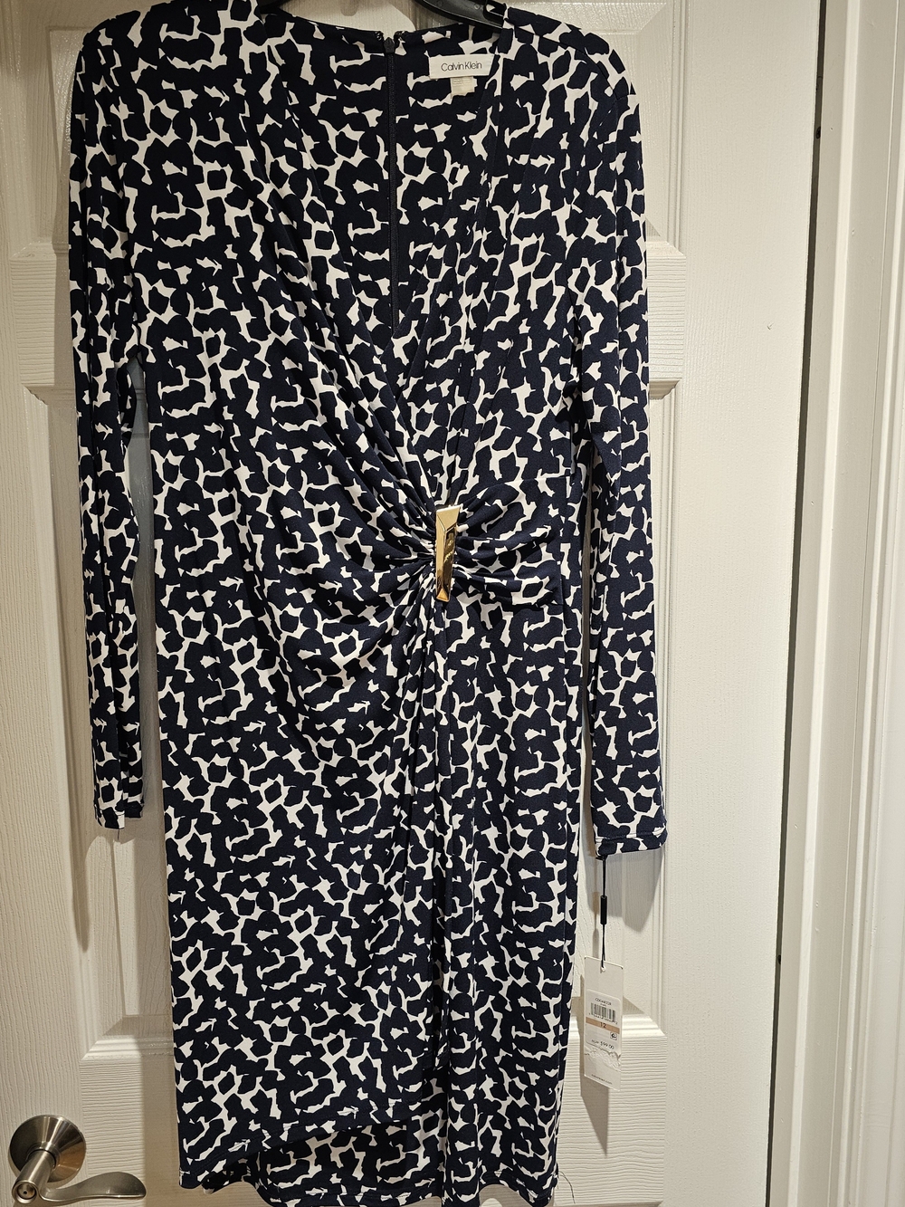 Calvin Klein Navy and White Twist-Front Long Sleeve Dress with Gold Accent